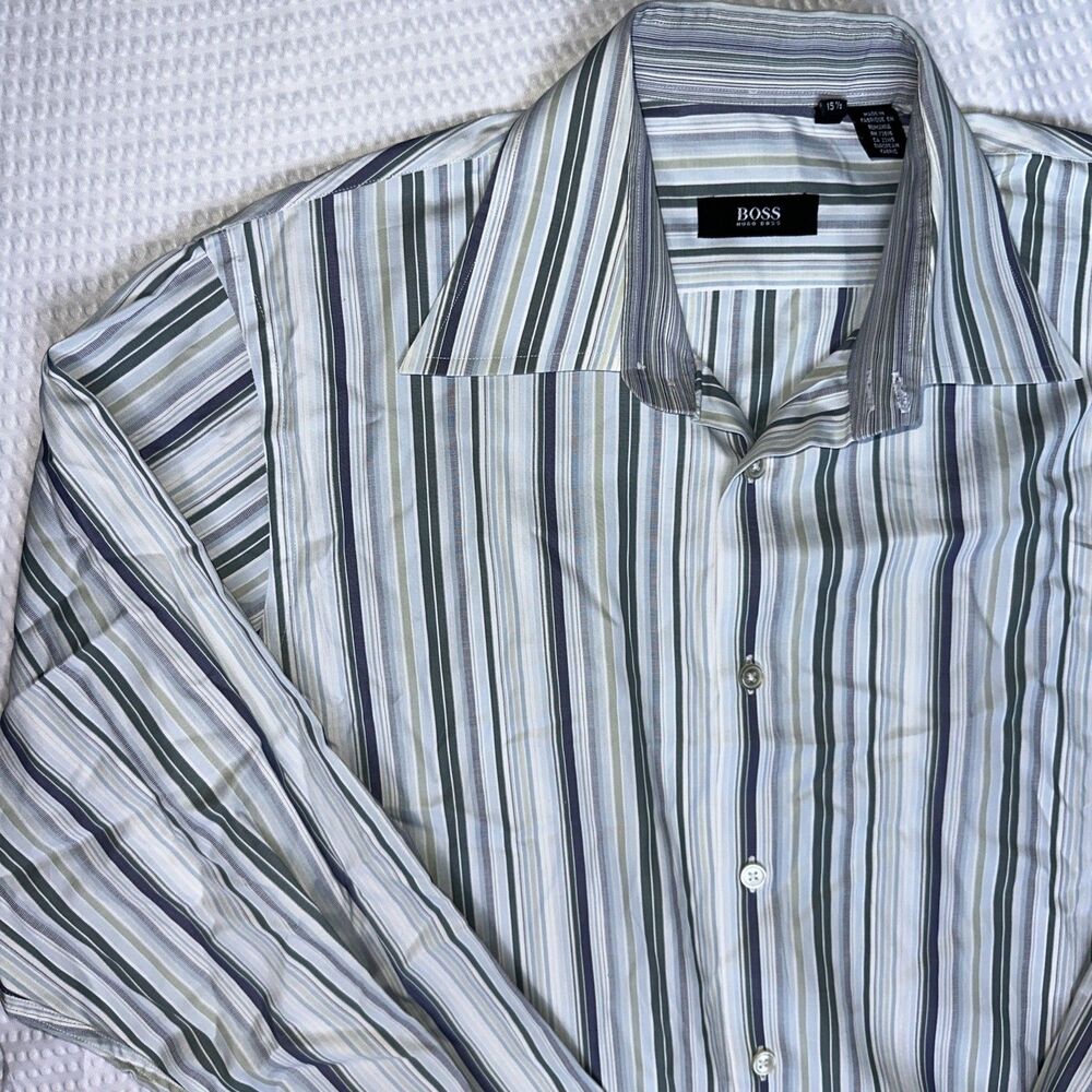 Hugo Boss Mens white Striped Regular Fit Long Sleeve Button Shirt 39 15 1/2